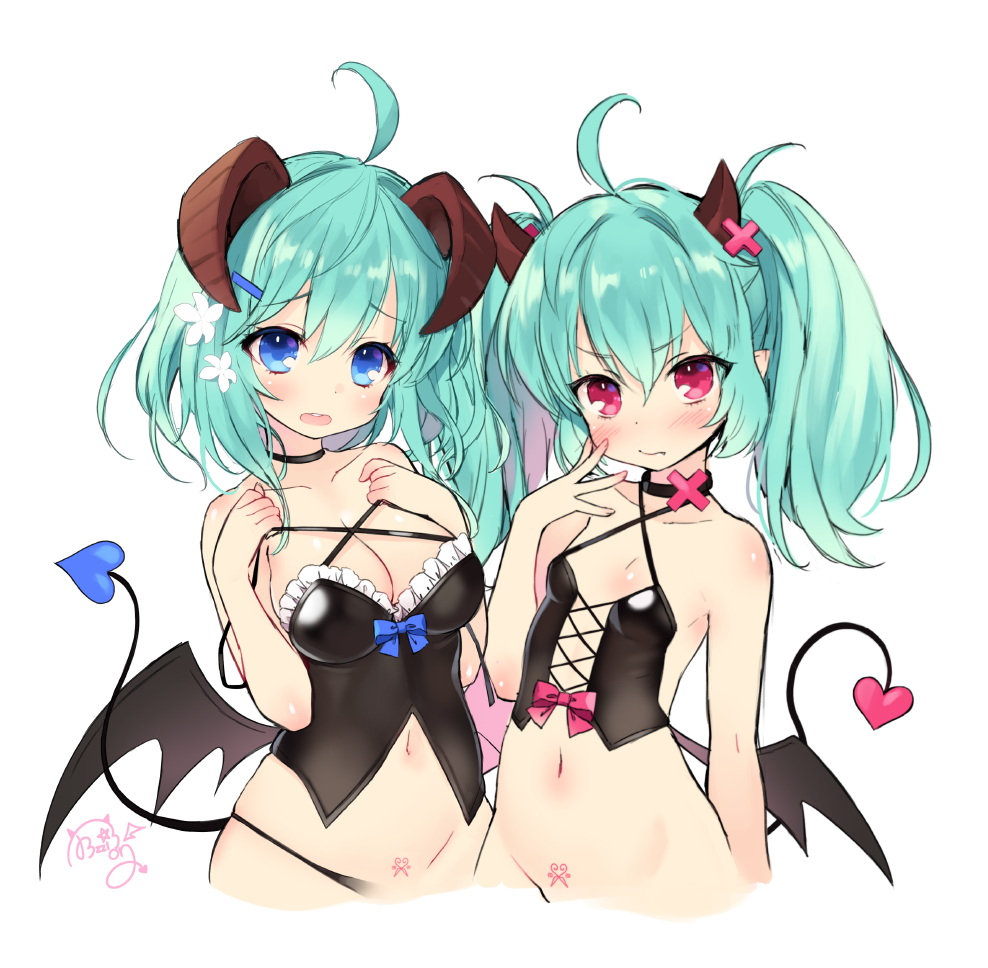 >:s, 2girls, :s, ahoge, aqua_eyes, aqua_hair, bad_id, bad_pixiv_id, bare_arms, bare_shoulders, black_dress, black_neckwear, black_panties, blue_ribbon, blush, breasts, byulzzi, choker, cleavage, collarbone, corset, demon_girl, demon_horns, demon_tail, demon_wings, dot_nose, dress, fang, fang_out, flower, frilled_dress, frills, hair_flower, hair_ornament, hairclip, hand_on_own_cheek, hand_on_own_face, horns, long_hair, looking_at_viewer, medium_breasts, medium_hair, multiple_girls, navel, off_shoulder, open_mouth, original, out-of-frame_censoring, panties, pink_eyes, pink_hair, pubic_tattoo, revealing_clothes, ribbon, signature, simple_background, small_breasts, standing, tail, tattoo, twintails, underwear, v-shaped_eyebrows, white_background, wings, x_hair_ornament
