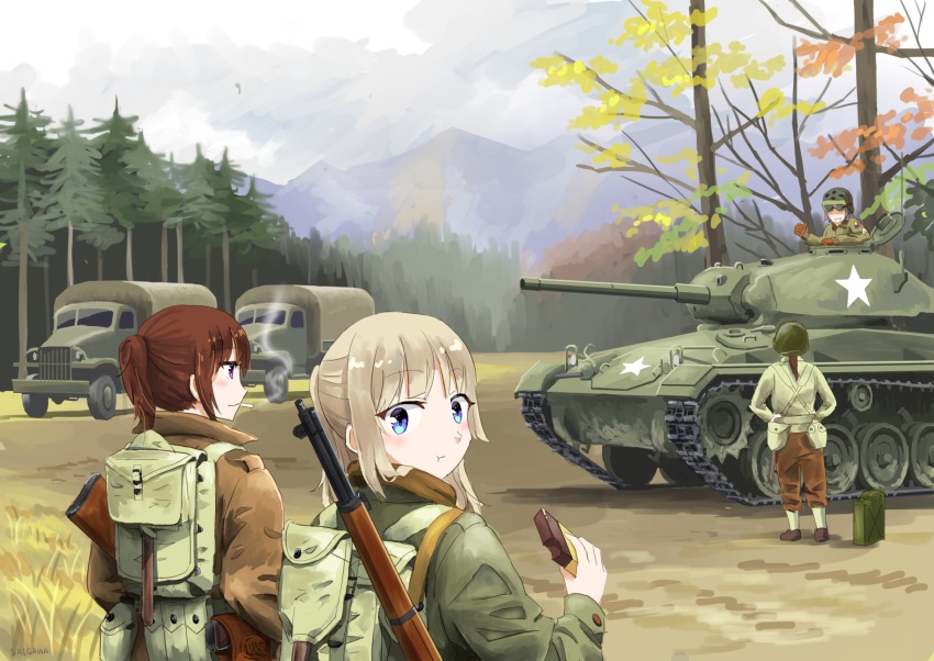 4girls, blonde_hair, blue_eyes, brown_hair, chocolate, cloud, day, eating, forest, grass, gun, highres, jerry_can, looking_at_viewer, m24_chaffee, military, military_truck, military_vehicle, motor_vehicle, mountain, multiple_girls, nature, original, purple_eyes, rifle, saigawa, smoking, soldier, star_(symbol), tank, tree, truck, weapon, world_war_ii