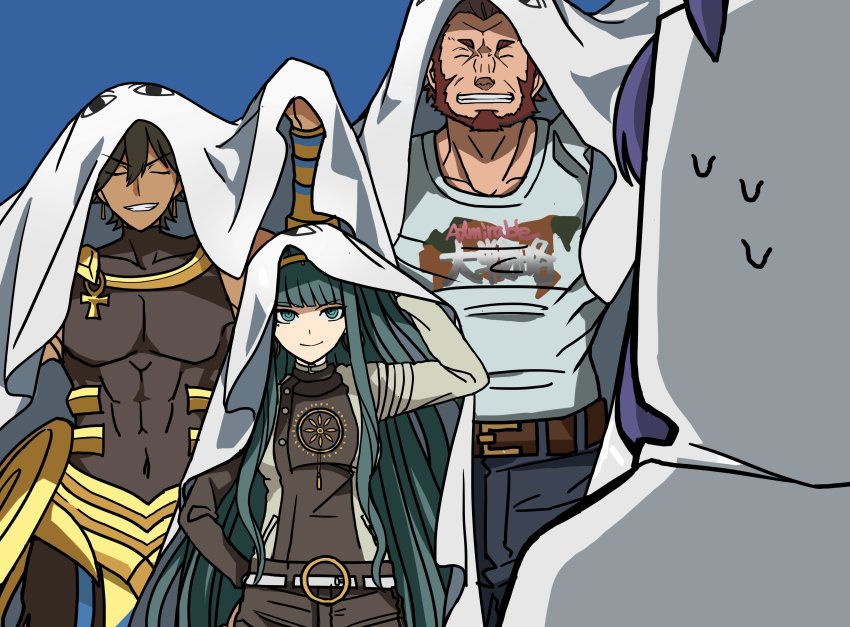 2boys, 2girls, abs, absurdres, black_hair, cleopatra_(fate), closed_eyes, commentary_request