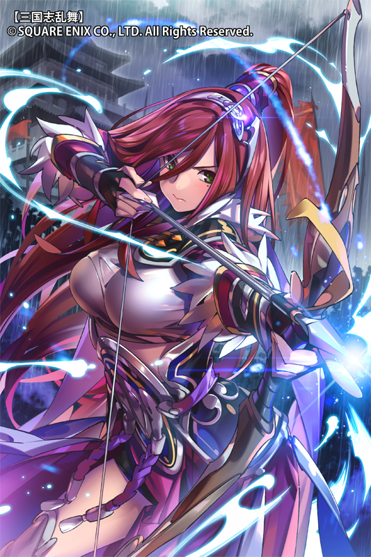 >:s, 1girl, :s, aiming, armor, arrow_(projectile), bow_(weapon), breasts