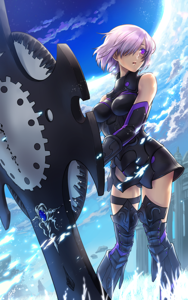 1girl, amanna, armor, armored_boots, black_leotard, black_thighhighs, blue_sky, boots