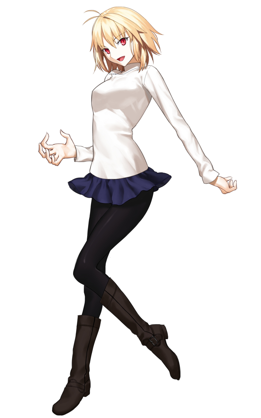 1girl, ahoge, arcueid_brunestud, black_pantyhose, blonde_hair, blue_skirt, boots, brown_boots