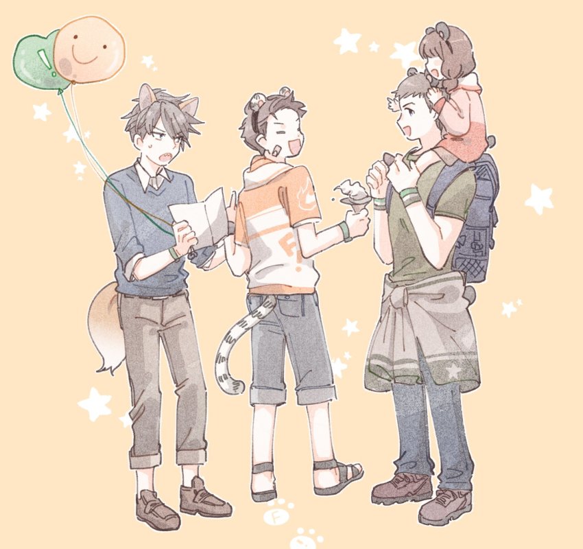 10s, 1girl, 3boys, akuno_hideo, amane_(idolmaster), animal_ears, backpack, bad_id