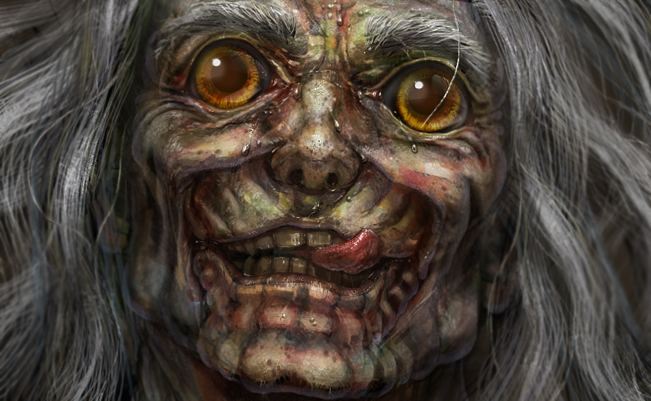 00s, 1boy, close-up, creepy, grey_hair, horror_(theme), iwamoto_kogan, male_focus, realistic, realistic_teeth, shigurui, solo, suikei, sweat, teeth, tongue, yellow_eyes