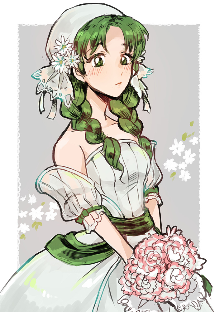 1girl, bad_id, bad_pixiv_id, blush, bouquet, braid, dress, female_focus