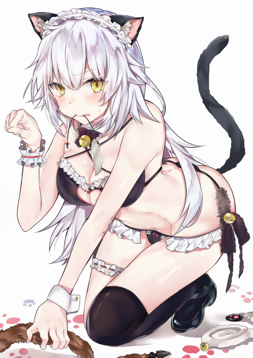 1girl, absurdres, ahoge, animal_ears, bell, black_bra, black_panties, black_shoes