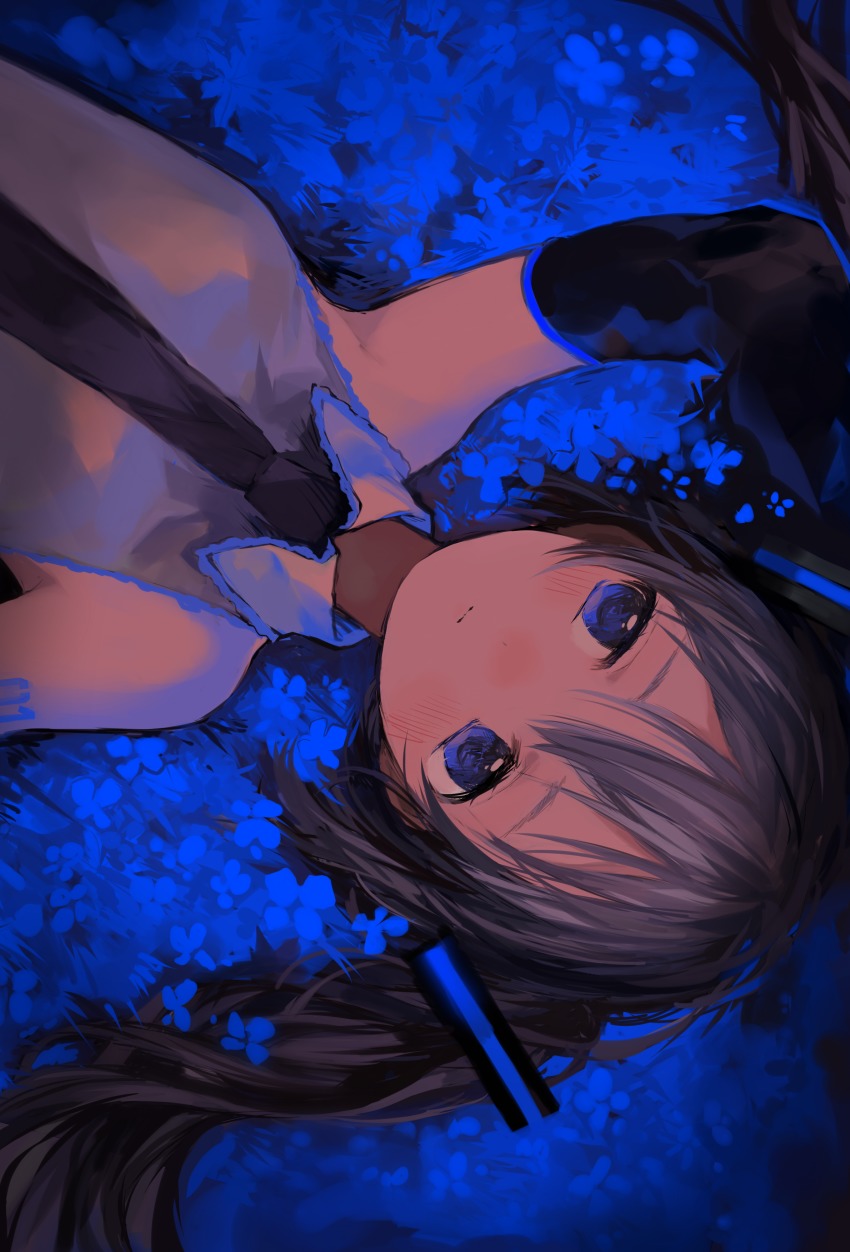 1girl, absurdres, arm_at_side, arm_behind_head, armpits, bare_shoulders, black_necktie, blue_eyes, blue_flower, blue_theme, blush, closed_mouth, collar, collared_shirt, detached_sleeves, eyelashes, female_focus, field, flower, flower_field, frilled_collar, frills, from_above, grey_hair, grey_shirt, hair_between_eyes, hatsune_miku, highres, limited_palette, long_hair, looking_away, lying, necktie, nekonomati, on_back, shirt, sleeveless, sleeveless_shirt, solo, tattoo, twintails, upper_body, very_long_hair, vocaloid