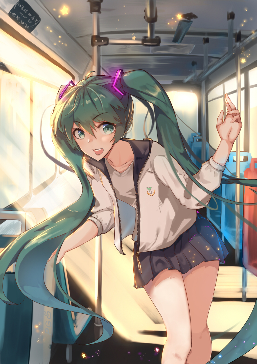 1girl, bus_interior, female_focus, green_eyes, green_hair, hatsune_miku, highres, light_rays