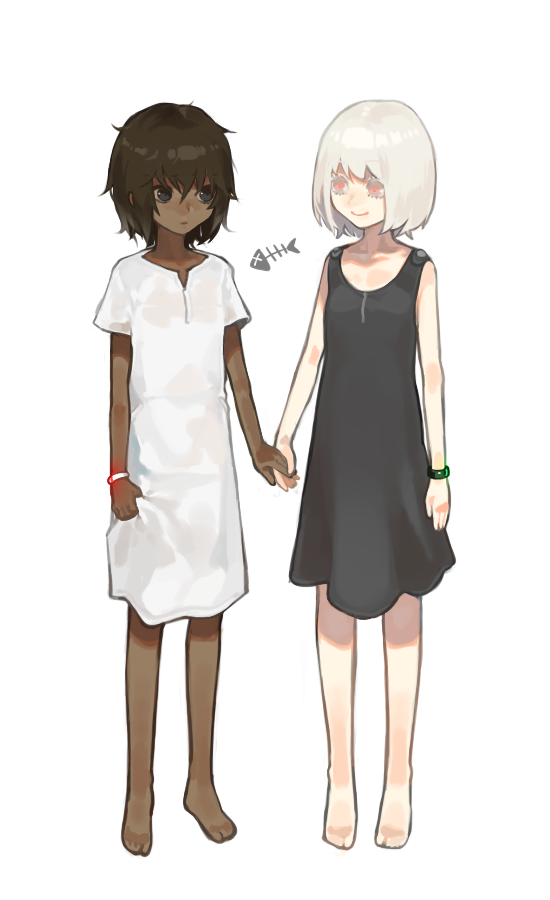 2girls, :o, aged_down, albino, bad_id, bad_pixiv_id, barefoot, black_dress, black_eyes, black_hair, bracelet, child, couple, dark-skinned_female, dark_skin, dress, fish_scales, full_body, holding_hands, holding_own_dress, interracial, jewelry, looking_at_another, micchan_(ohisashiburi), multiple_girls, nacchan_(ohisashiburi), ohisashiburi, original, pale_skin, parted_lips, red_eyes, short_hair, short_sleeves, simple_background, sleeveless, smile, standing, white_background, white_dress, white_hair, yuri