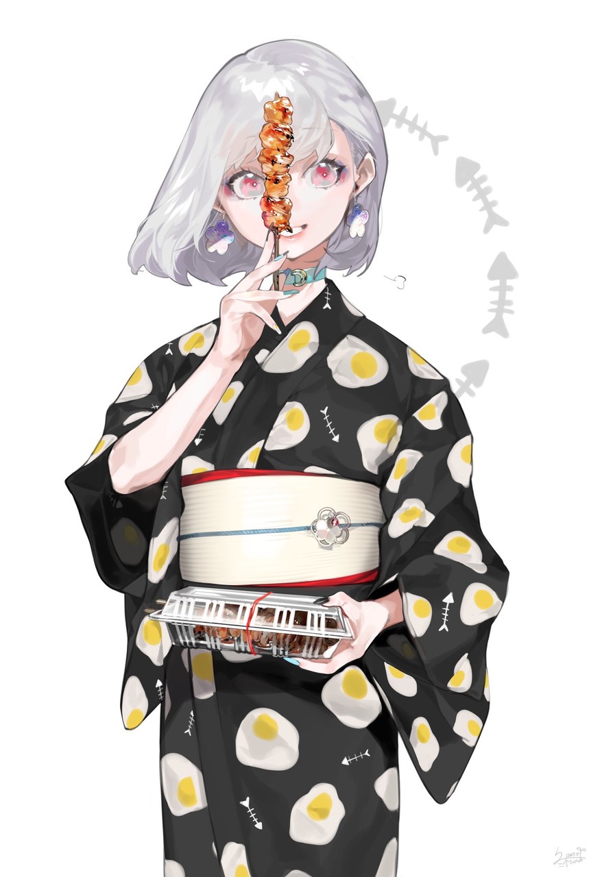 1girl, aqua_nails, black_kimono, blue_neckwear, bob_cut, choker, commentary_request, cowboy_shot