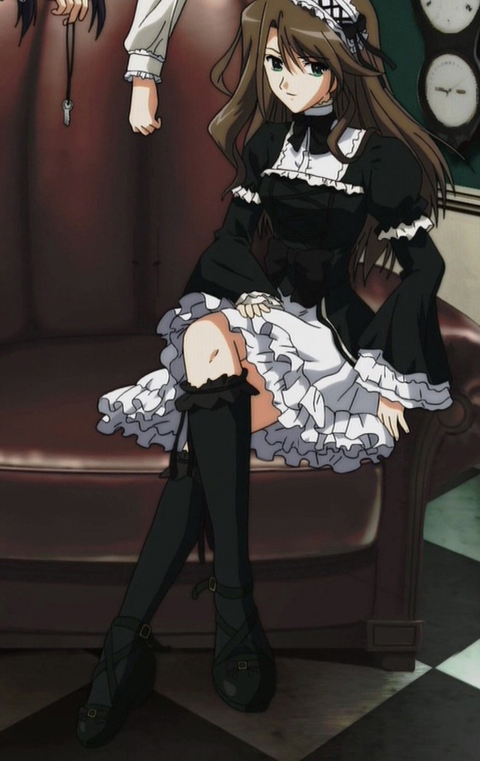 00s, 1girl, anime_screenshot, belt, black_dress, bow, brown_hair, dress, female_focus, frilled_skirt, frills, fujimura_yuzuki, goth_fashion, gothic_lolita, green_eyes, kneehighs, lace, lolita_fashion, long_hair, long_legs, long_sleeves, myself_yourself, skirt, socks, solo, stitched, third-party_edit