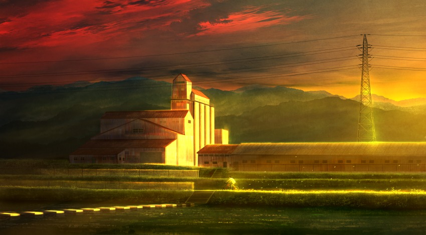 1boy, bicycle, building, cloud, cloudy_sky, commentary_request, factory, highres