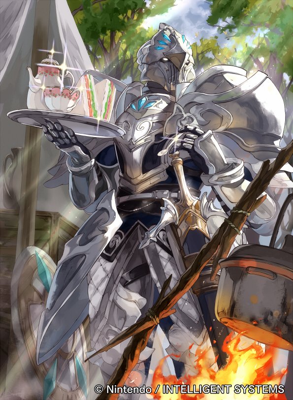 armor, armored_boots, boots, company_name, cup, day, fire, fire_emblem, fire_emblem_cipher, food, gauntlets, gloves, helmet, male_focus, mayo_(becky2006), nintendo, official_art, sandwich, sandwiched, shield, sky, solo, sparkle, sword, teacup, teapot, tree, valjean_(fire_emblem), weapon