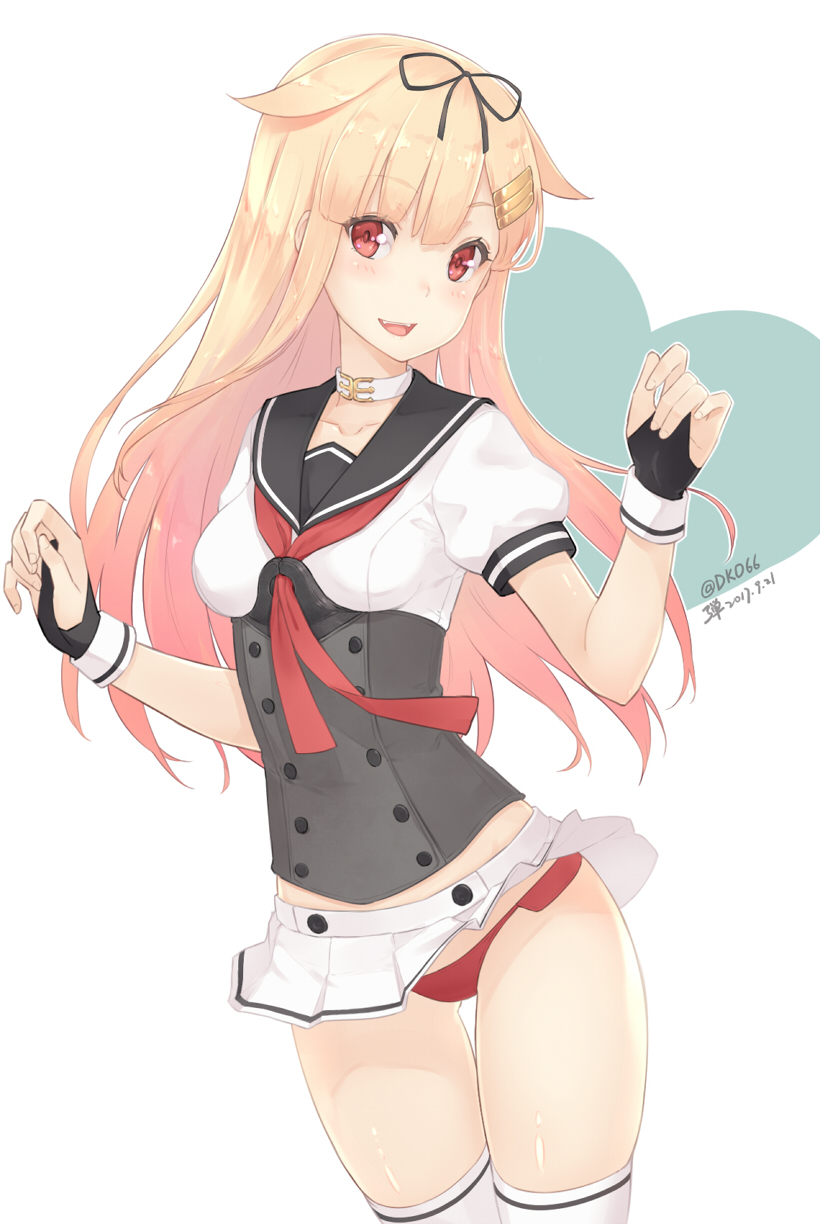 1girl, :d, akizuki_(kancolle), akizuki_(kancolle)_(cosplay), alternate_costume, blonde_hair, blush, breasts, choker, collarbone, commentary_request, cosplay, cosplay_request, dan_(kumadan), dated, female_focus, gluteal_fold, hair_flaps, hair_ornament, hair_ribbon, hairclip, highres, kantai_collection, long_hair, looking_at_viewer, medium_breasts, microskirt, open_mouth, panties, pantyshot, red_eyes, red_panties, revision, ribbon, sailor_collar, short_sleeves, simple_background, skirt, smile, solo, standing, thigh_gap, thighhighs, twitter_username, underwear, white_background, white_thighhighs, yuudachi_(kancolle), zettai_ryouiki