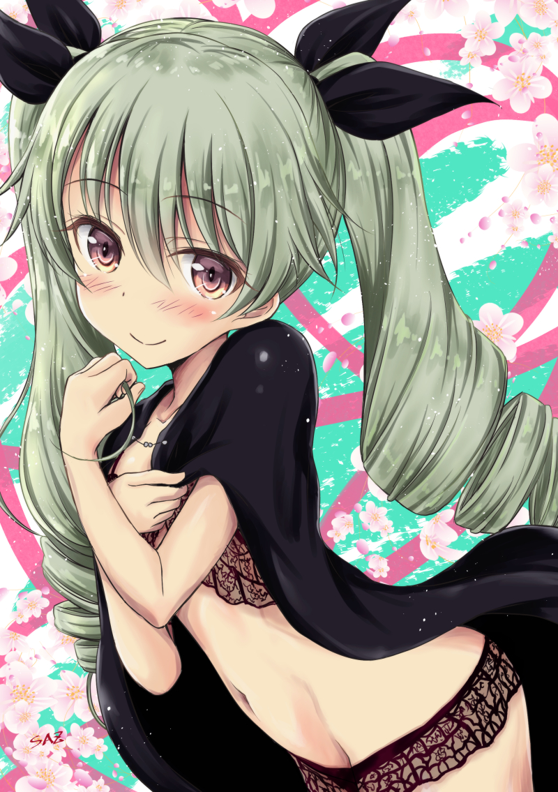 10s, 1girl, anchovy_(girls_und_panzer), artist_name, black_cape, black_ribbon, cape, closed_mouth