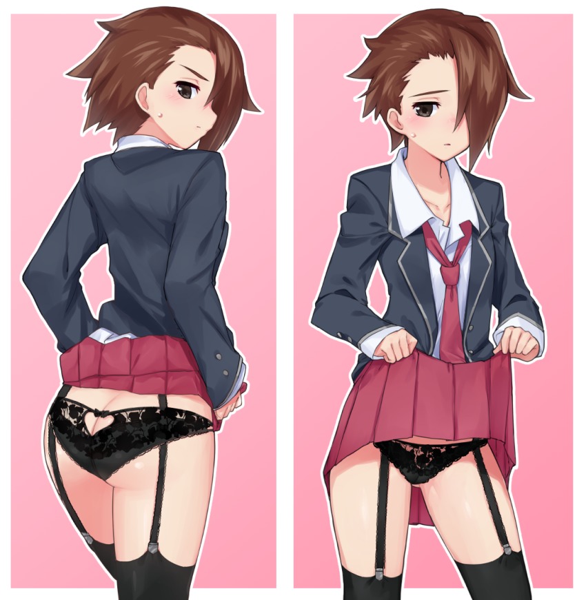 10s, 1girl, ass, ass_cutout, bad_id, bad_pixiv_id, black_panties, black_thighhighs, blazer, blush, brown_eyes, brown_hair, butt_crack, clothes_lift, clothing_cutout, commentary_request, frilled_panties, frills, futase_fumio, garter_belt, garter_straps, hair_over_one_eye, heart_cutout, jacket, lace, lace_panties, lifting_own_clothes, long_sleeves, looking_at_viewer, multiple_views, necktie, open_mouth, panties, pleated_skirt, school_uniform, selector_wixoss, shirt, short_hair, skirt, skirt_lift, standing, sweatdrop, thighhighs, underwear, wixoss, yoi_naosuke