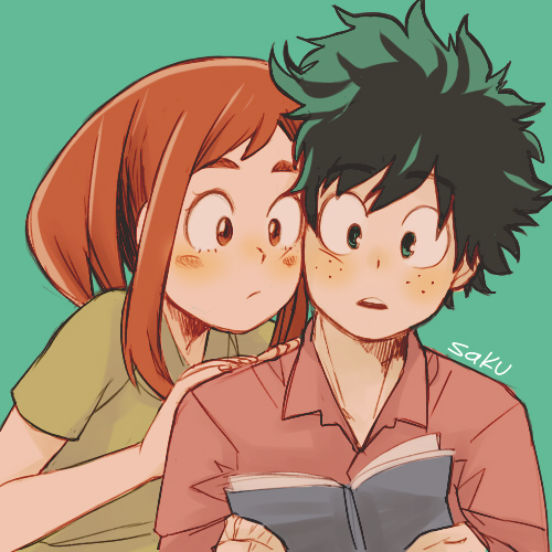 10s, artist_name, blush_stickers, boku_no_hero_academia, brown_eyes, brown_hair, casual, cheek-to-cheek, collar, commentary, freckles, green_background, green_eyes, green_hair, green_shirt, hand_on_shoulder, hands_on_another's_shoulders, heads_together, lowres, midoriya_izuku, notebook, parted_lips, reading, red_shirt, saku_(ladyfubuki), shirt, short_hair, sidelocks, simple_background, teeth, upper_body, uraraka_ochako