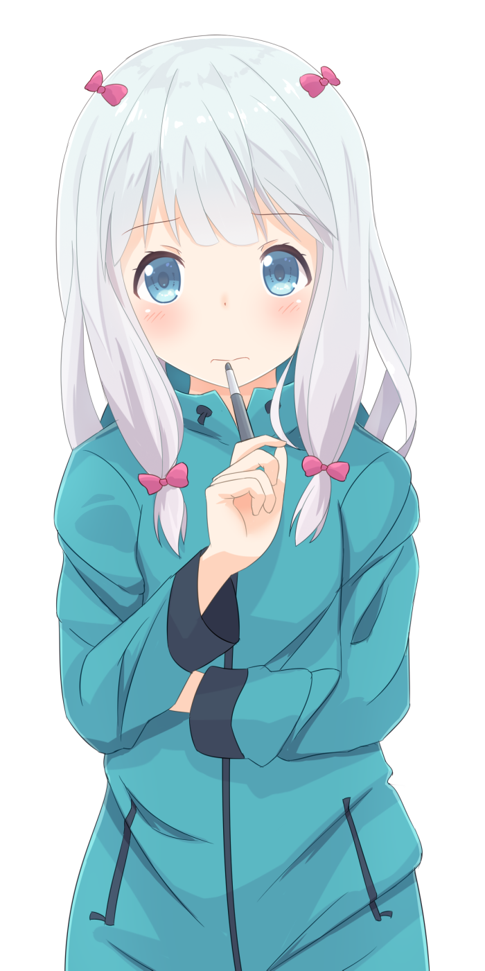 1girl, blue_eyes, blue_sweater, blush, bow, eromanga_sensei, female_focus, hair_bow