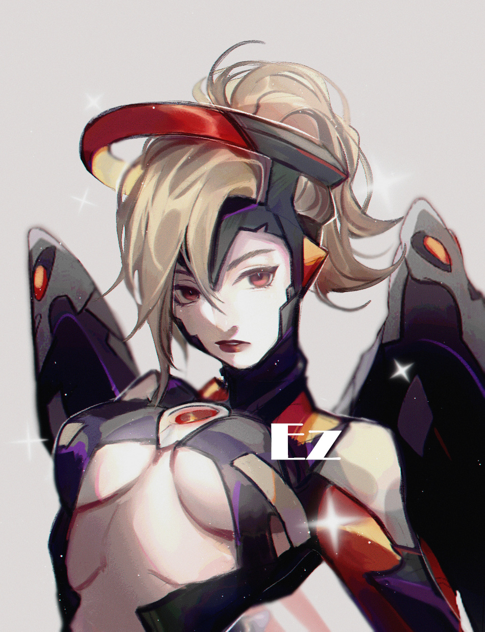 1girl, alternate_costume, alternate_eye_color, arched_back, blonde_hair, bodysuit, breasts, breasts_apart, center_opening, commentary_request, eyeliner, ez_1011, female_focus, grey_background, halo, headgear, high_ponytail, highres, lips, long_sleeves, looking_at_viewer, makeup, mechanical_halo, mechanical_wings, medium_breasts, mercy_(overwatch), nose, overwatch, overwatch_1, parted_lips, ponytail, red_lips, short_hair, simple_background, solo, sparkle, spread_wings, turtleneck, upper_body, wings