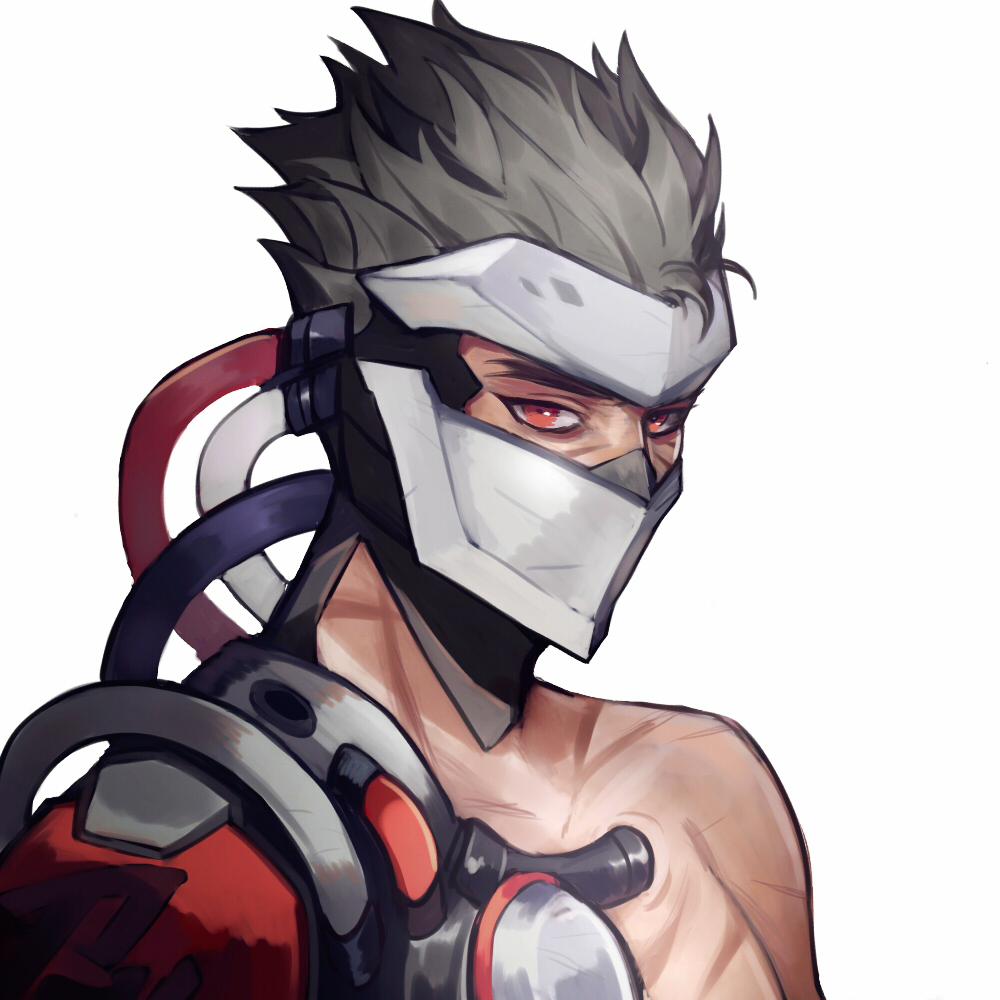 1boy, armor, bad_id, bad_pixiv_id, blackwatch_genji, cable, covered_face, cyborg