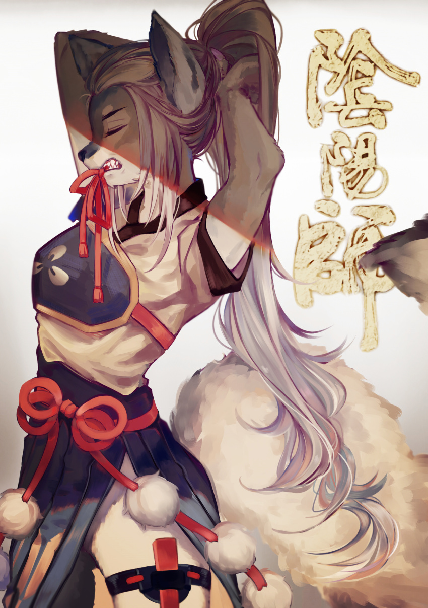 1girl, absurdres, animal_ears, clenched_teeth, closed_eyes, commentary_request, ez_1011, female_focus, from_side, furry, furry_female, grey_fur, grey_hair, hair_tie, hakama, hakama_skirt, hakurou_(onmyoji), highres, japanese_clothes, leg_belt, long_hair, mouth_hold, muneate, nail_polish, onmyoji, pink_nails, ponytail, profile, red_ribbon, ribbon, sharp_teeth, skirt, solo, standing, tail, teeth, tying_hair, very_long_hair, wolf, wolf_ears, wolf_tail