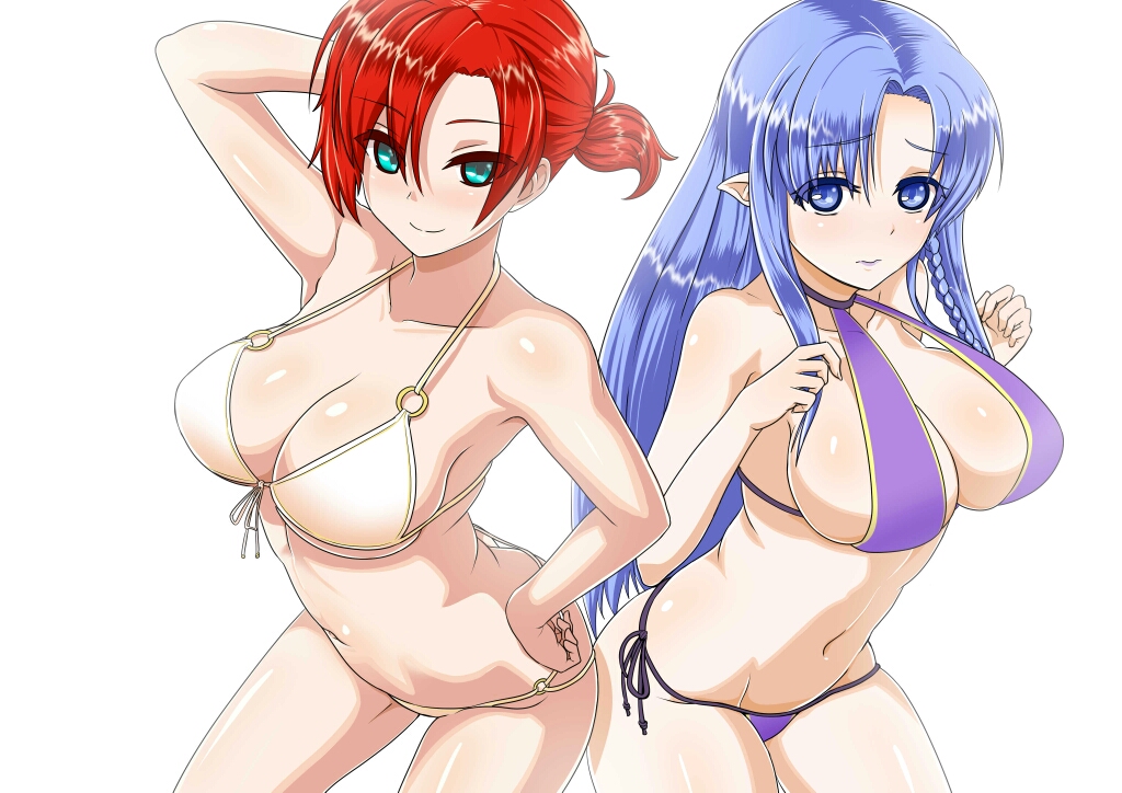 2girls, bikini, blue_eyes, blue_hair, blush, boudica_(fate), braid, breasts, cleavage, cowboy_shot, fate/grand_order, fate/stay_night, fate_(series), green_eyes, large_breasts, long_hair, looking_at_viewer, medea_(caster)_(fate), medea_(fate), multiple_girls, navel, pointy_ears, ponytail, red_hair, robisonjr, short_hair, side_braid, smile, swimsuit