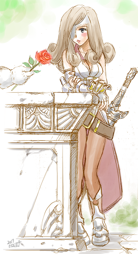 1boy, 1girl, 2017, adelbert_steiner, armor, beatrix, belt, blush, breasts, brown_hair, brown_pantyhose, cleavage, crossed_arms, curly_hair, dated, dress, eyepatch, facing_viewer, final_fantasy, final_fantasy_ix, fingerless_gloves, fingernails, flower, full_body, gloves, grey_eyes, katagawa_kae, knees_together_feet_apart, lips, long_hair, pantyhose, red_flower, red_rose, rose, save_the_queen, sheath, sheathed, solo_focus, standing, sword, weapon