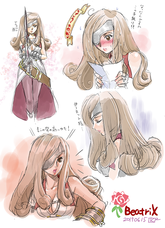 1girl, 2017, ahoge, beatrix, belt, blush, breasts, brown_eyes, brown_hair, character_name, cleavage, collarbone, curly_hair, dated, dress, eyelashes, eyepatch, final_fantasy, final_fantasy_ix, from_side, holding, holding_paper, katagawa_kae, long_hair, medium_breasts, multiple_views, pantyhose, paper, purple_pantyhose, save_the_queen, simple_background, sweat, sword, translation_request, weapon, white_background