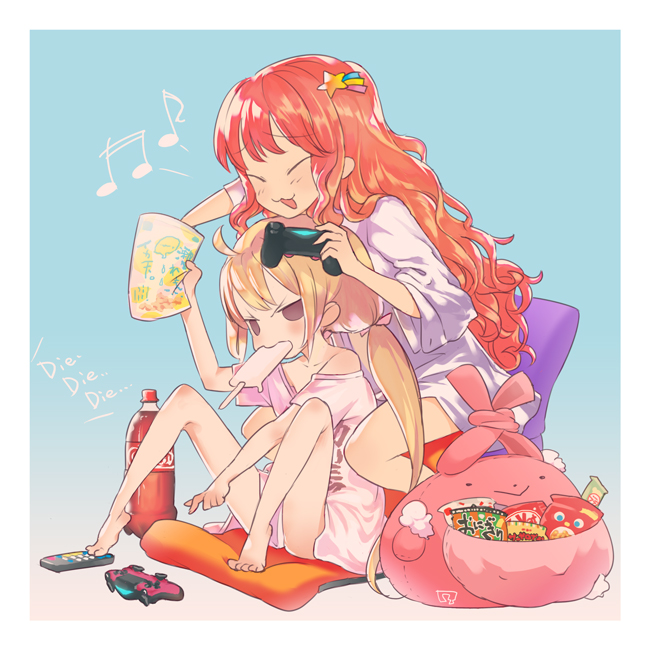 >:|, 2girls, :3, :|, ahoge, aqua_background, bag, bare_legs, bare_shoulders, barefoot, between_legs, blonde_hair, blush, bottle, chair, closed_eyes, closed_mouth, coca-cola, collarbone, controller, food, food_in_mouth, futaba_anzu, game_controller, gradient_background, hair_ornament, holding, holding_bag, idolmaster, idolmaster_cinderella_girls, kitkat, leaning_forward, long_hair, low_twintails, matching_outfits, moroboshi_kirari, multiple_girls, musical_note, orange_hair, oversized_clothes, oversized_shirt, playing_games, playing_video_games, pointing, popsicle, pouch, reaching, remote_control, shirt, shooting_star_hair_ornament, sitting, snack, soda_bottle, solid_oval_eyes, star_(symbol), star_hair_ornament, stuffed_animal, stuffed_rabbit, stuffed_toy, stuffing, twintails, uyori, v-shaped_eyebrows, very_long_hair, wavy_hair, white_shirt