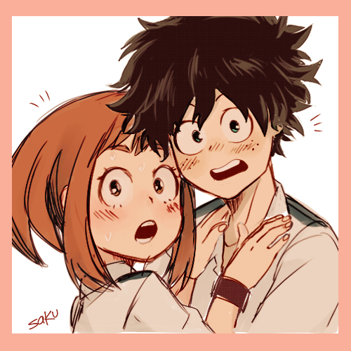 ^^^, 10s, 1boy, 1girl, :o, black_hair, blush, boku_no_hero_academia