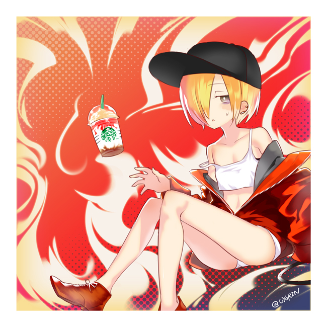 1girl, alternate_costume, arm_at_side, bags_under_eyes, bare_legs, bare_shoulders, baseball_cap, black_bra, black_hat, black_jacket, blonde_hair, bra, bra_peek, brown_shoes, casual, coffee, collarbone, crop_top, cup, disposable_coffee_cup, disposable_cup, ear_piercing, female_focus, flat_chest, floating, floating_object, grey_eyes, hair_over_one_eye, half-closed_eyes, halftone, halftone_background, hat, idolmaster, idolmaster_cinderella_girls, jacket, layered_clothes, looking_at_viewer, midriff, multiple_piercings, off_shoulder, open_mouth, piercing, red_background, red_jacket, shirasaka_koume, shoes, short_hair, shorts, sitting, smoke, solo, spaghetti_strap, starbucks, strap_slip, strapless, strapless_bra, straw, sweatdrop, tank_top, twitter_username, underwear, unzipped, uyori, white_shorts