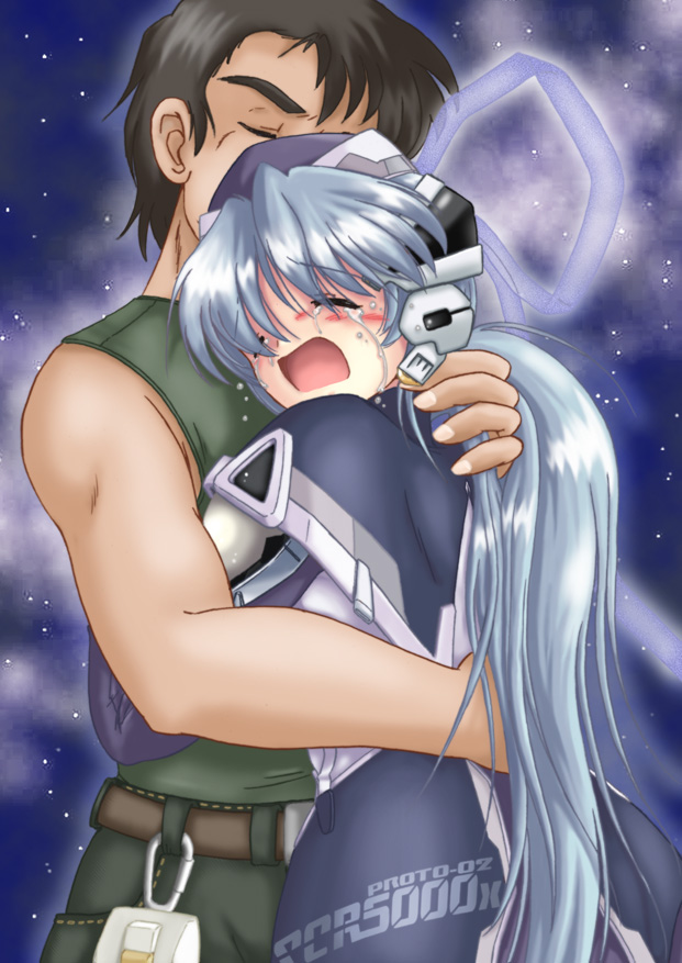 00s, 1boy, 1girl, blue_hair, comforting, gaketsu, good_end, hoshino_yumemi, junker, planetarian, ribbon, tears