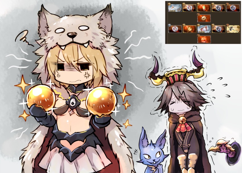 1boy, 1girl, =_=, anger_vein, animal_ears, ascot, baal_(granblue_fantasy), bell, berserker_(granblue_fantasy), blonde_hair, breasts, brown_hair, cape, cat, crown, djeeta_(granblue_fantasy), gameplay_mechanics, gloom_(expression), granblue_fantasy, grin, heart_cutout, horns, jingle_bell, navel, orb, pale_skin, scowl, skirt, smile, sparkle, sukemyon