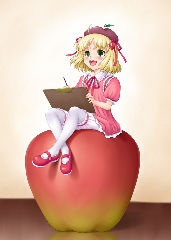 1girl, amane_(funfun), apple, beret, blonde_hair, bloomers, crossed_legs, drawing_(action)