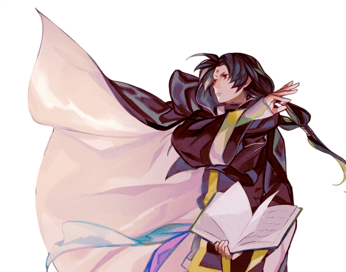 1boy, bad_id, bad_twitter_id, black_hair, book, cape, facial_mark, fire_emblem