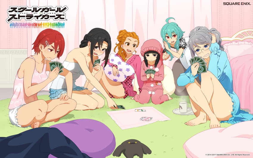 6+girls, ahoge, animal_print, barefoot, black_hair, blunt_bangs, breasts, brown_eyes