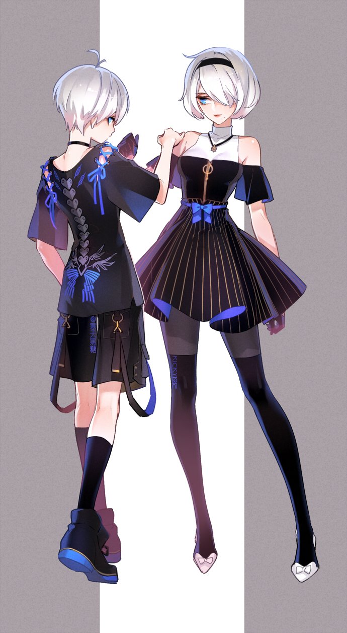 1boy, 1girl, alternate_costume, bare_shoulders, blue_eyes, choker, dress, gloves