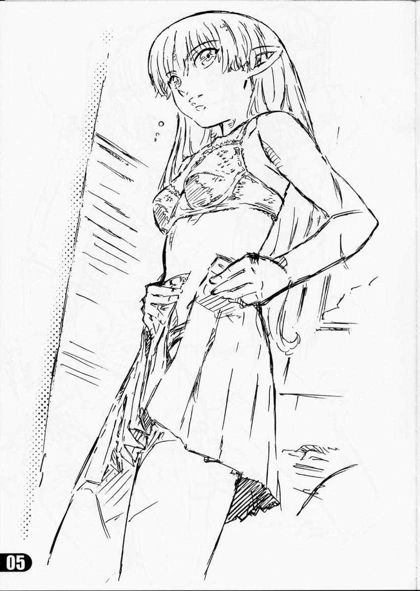 1girl, bra, female_focus, greyscale, highres, lafiel, lingerie, long_hair, monochrome, musashiseki_bombers, official_art, pointy_ears, scan, seikai_no_senki, sketch, skirt, solo, underwear, undressing, watabe_keisuke