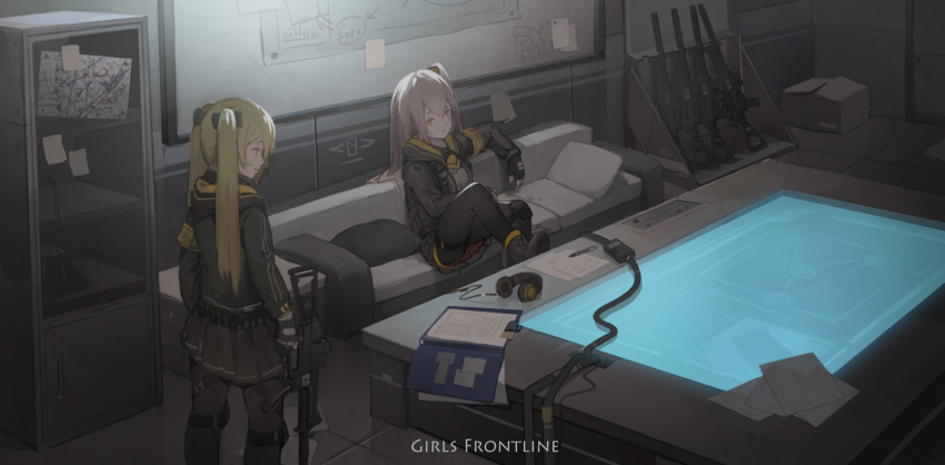 2girls, black_pantyhose, brown_hair, cabinet, cable, copyright_name, couch, girls'_frontline