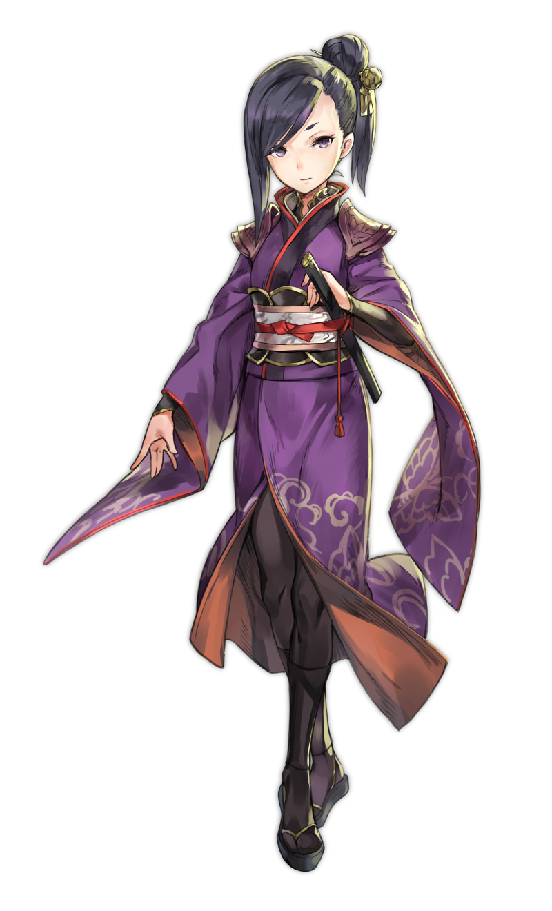 1girl, black_hair, black_socks, caravan_stories, female_focus, full_body, geta, hair_bun