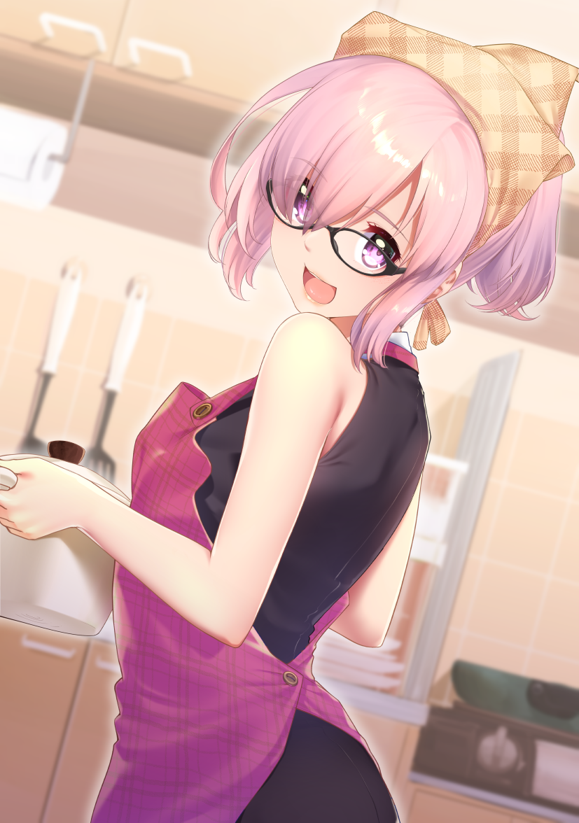 1girl, alternate_costume, alternate_hairstyle, apron, bare_arms, bare_shoulders, black-framed_eyewear, black_dress