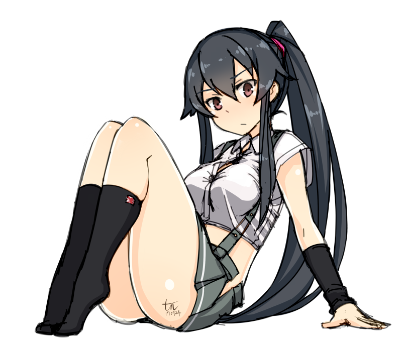 1girl, :/, alternate_costume, arm_support, arm_warmers, asashio_(kancolle), asashio_(kancolle)_(cosplay), ass