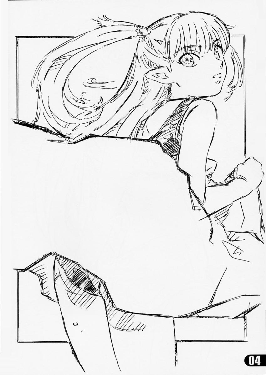 1girl, female_focus, greyscale, highres, lafiel, long_hair, looking_back, monochrome