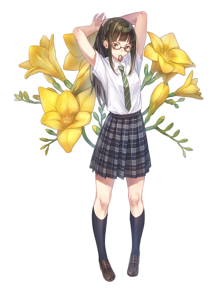 1girl, arms_up, black_skirt, black_socks, brown_eyes, brown_hair, female_focus, flower