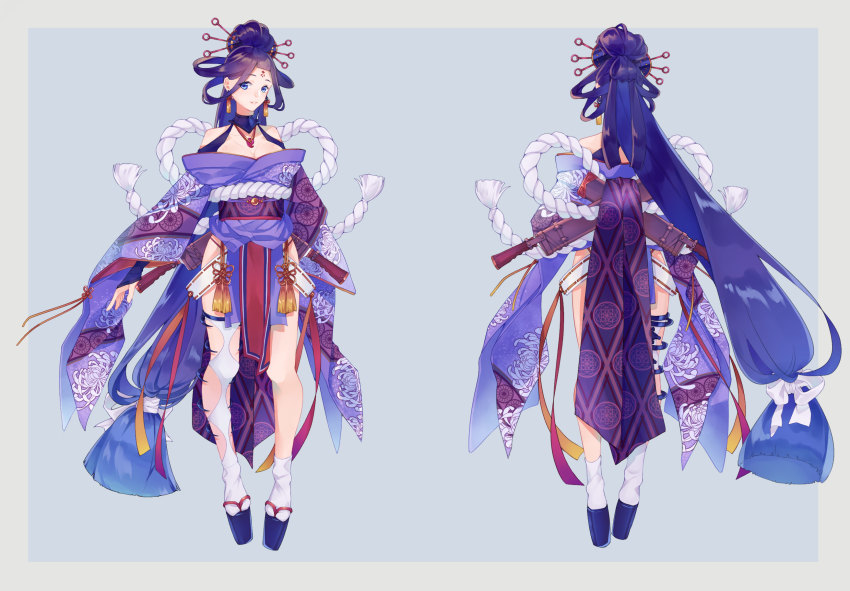 1girl, bare_shoulders, blue_background, blue_eyes, blue_hair, blunt_bangs, breasts, caravan_stories