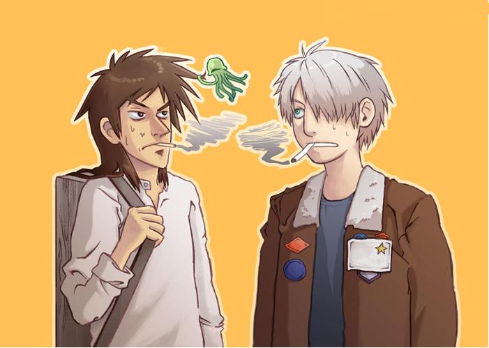 2boys, cigarette, cosplay, costume_switch, crossover, ginko_(mushishi), hair_over_one_eye, itou_kaiji, tobaku_mokushiroku_kaiji, male_focus, multiple_boys, mushi_(mushishi), mushishi, non-web_source, smoking