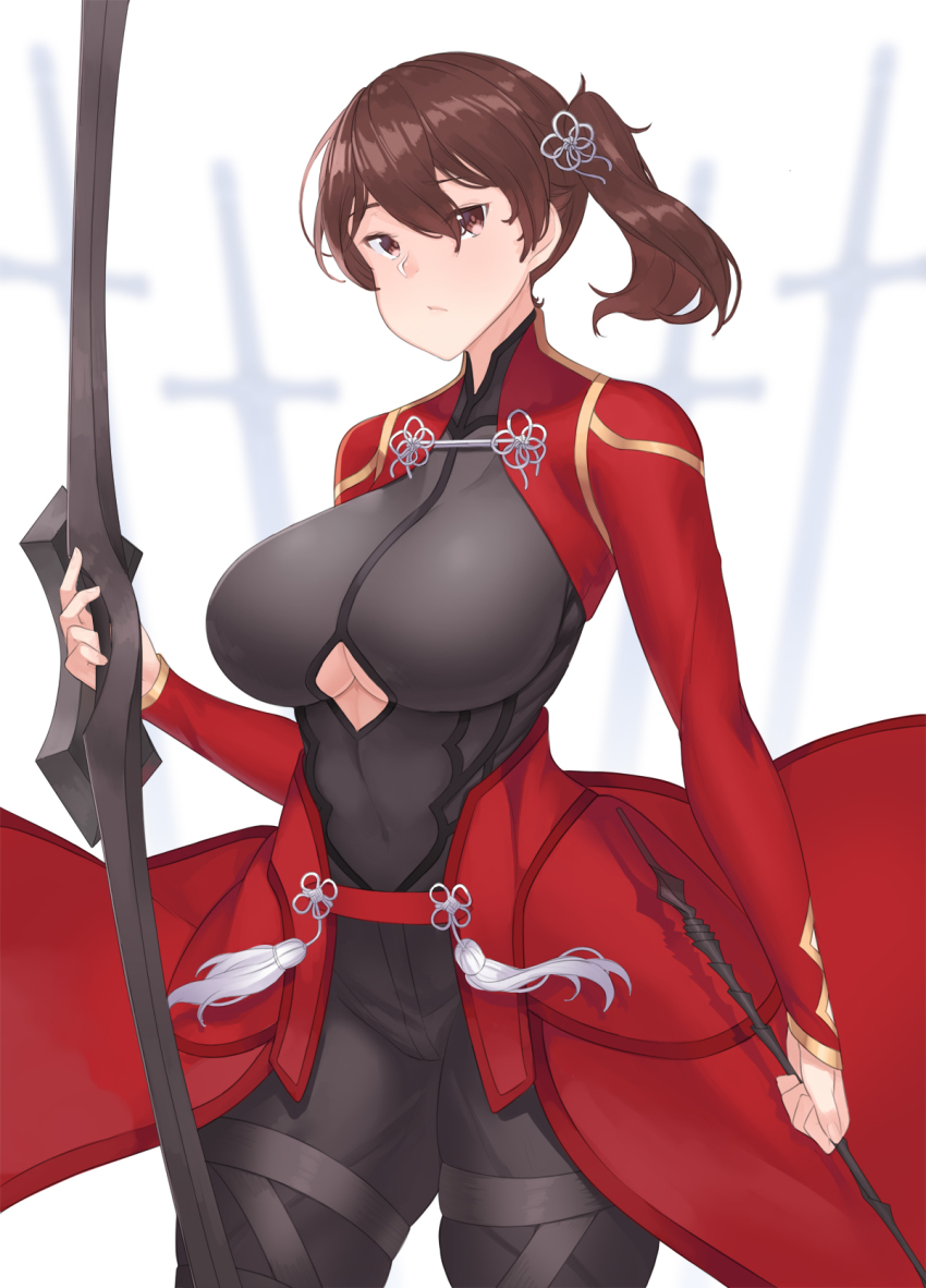 1girl, archer_(fate), archer_(fate)_(cosplay), archer_(third_ascension)_(fate), blurry, bow_(weapon), breasts, brown_eyes