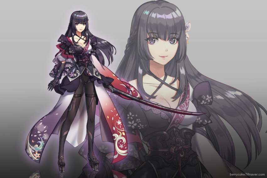 1girl, black_eyes, black_hair, black_pantyhose, braid, breasts, caravan_stories, cleavage