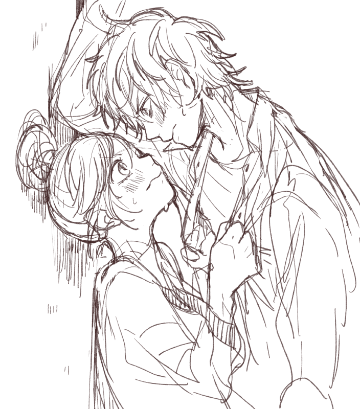 1boy, 1girl, blush, clothes_grab, couple, enomoto_natsuki, eye_contact, hair_bun