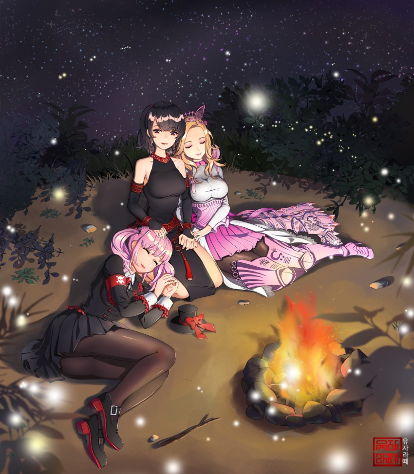 3girls, ass, bare_shoulders, black_dress, black_hair, black_jacket, black_legwear, black_skirt